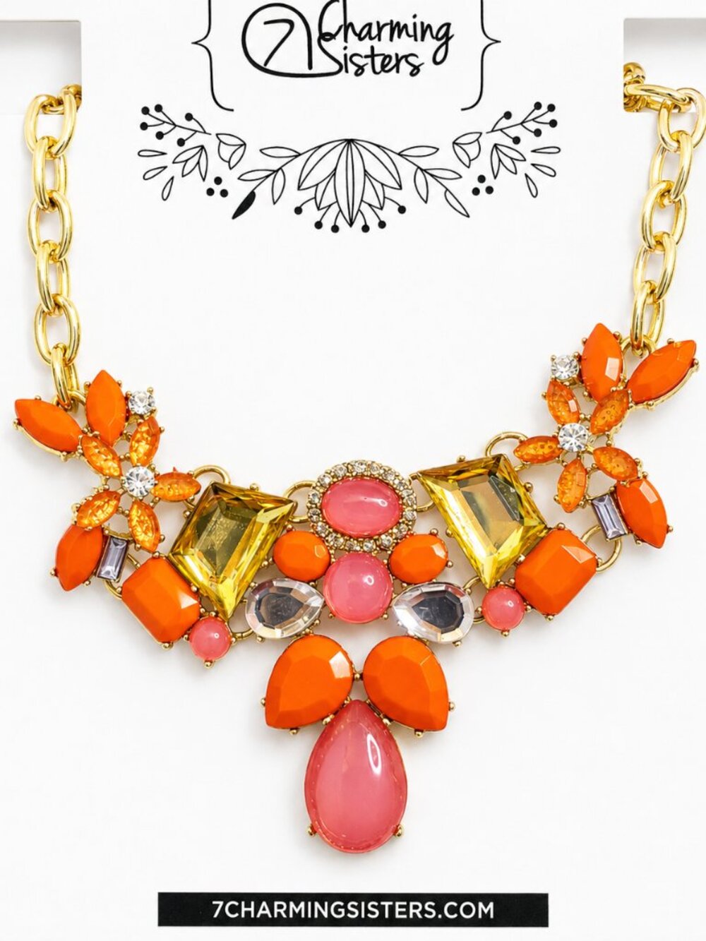 NWT 7 Charming Sisters Statement Necklace Coral & Pink Crystal Bib 16–18"
